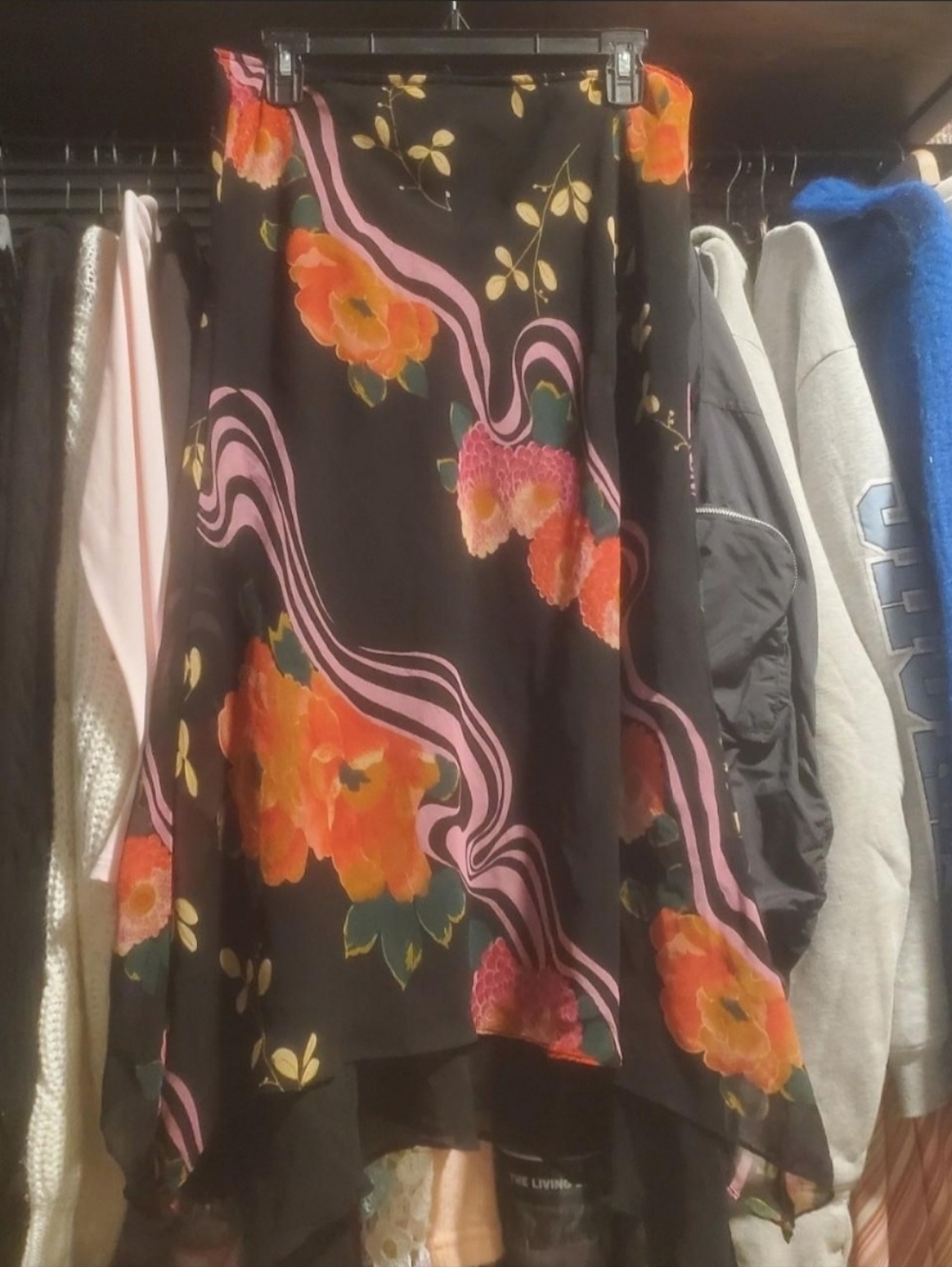 Zero Zero Black Floral Midi Skirt with Pink Wave Accents